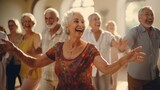 Photo of elderly people enjoying a group dance