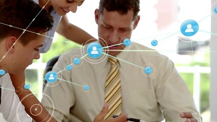 Poster - Animation of network of digital icons against group of diverse businesspeople discussing at office