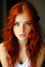 Beauty Red-haired Young Woman Green Eyes Mysteriously Looking At Camera. Redhead Model Sexy Girl Beauty Face. Generative AI