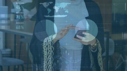 Poster - Animation of statistical data processing against mid section of a woman using smartphone at a cafe