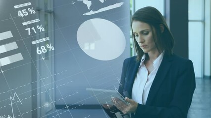 Poster - Animation of statistical data processing over biracial businesswoman using tablet smiling at office