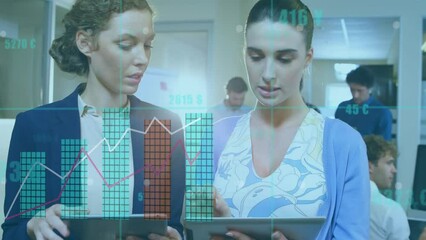 Poster - Animation of statistical data processing against two diverse businesswomen discussing at office