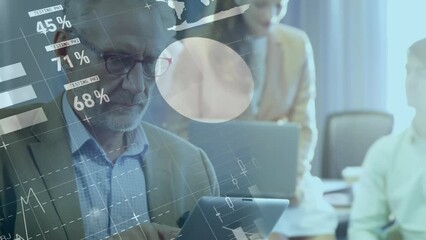 Poster - Animation of statistical data processing over caucasian senior businessman using tablet at office