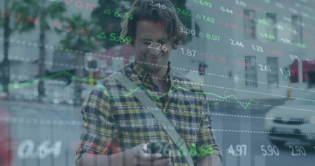 Poster - Animation of stock market data processing over happy caucasian man using smartphone on the street