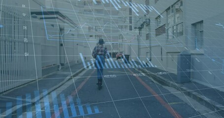 Poster - Animation of statistical data processing over rear view of biracial woman riding a scooter on street