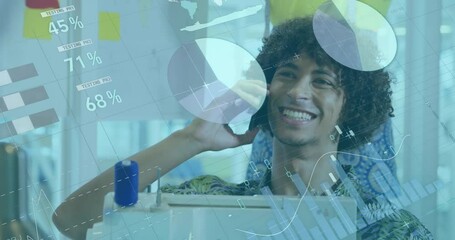 Poster - Animation of statistical data processing against happy biracial man talking on smartphone at office