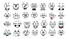 Cartoon Face Expression. Emotional Comic Face With Eyes, Mouths, Tongue And Teeth. Concept Caricature Feeling. Happy, Sad And Angry Characters Emotions. Vector Set