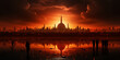 Wunderschöne Moschee in roten Abendlicht mit einem See im Querformat für Banner, ai generativ