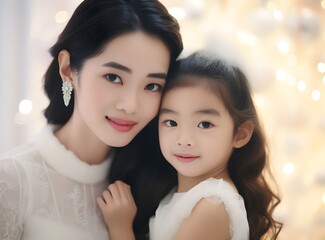 Asian family, mother and daughter at Christmas. Close-up portrait of cute little girl hugging her happy mom, sitting at home in xmas time, new year celebration white colors, korean chinese, photoshoot