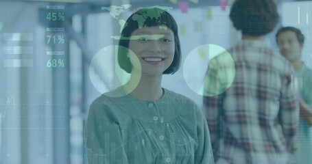 Poster - Animation of statistical data processing against portrait of asian woman smiling at office