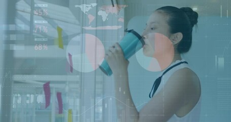 Poster - Animation of statistical data processing on asian woman drinking coffee reading memo notes at office