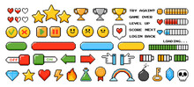 Pixel Game Elements. Graphic 8bits Arcade Games Button, Bars And Symbols. Game Levels, Menu And Icon. Digital Pixels Heart, Start, Trophy, Bomb And Crown. Vector Set