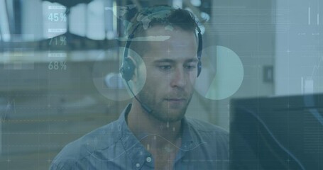 Poster - Animation of statistical data processing over caucasian man talking on phone headset at office