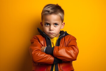 Wall Mural - Studio portrait of a little boy being interested and curious, isolated on colorful background. Kids emotions or moods concept. Generative AI