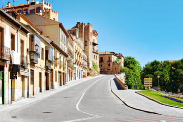 Sticker - Empty road and street, typical residential houses of Segovia