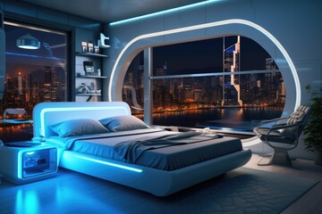 Interior of a modern bedroom with a bed with blue and white neon lighting with oval windows at night