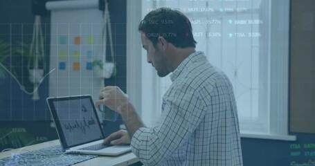 Poster - Animation of stock market data processing over biracial man drinking coffee using laptop at office