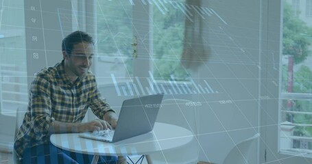 Poster - Animation of statistical data processing over biracial man smiling while using laptop at office