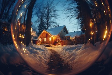 Poster - A house decorated for the New Year. View through a glass ball.