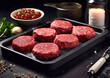 Raw beef fillet on tray with vegetables and spices on kitchen background.Macro.AI Generative