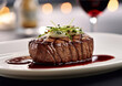 Grilled tenderloin steak with glass of red wine in fine dining restaurant.Macro.AI Generative.
