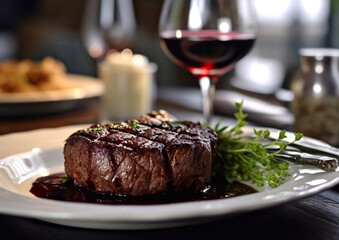 Wall Mural - Grilled tenderloin steak with glass of red wine in fine dining restaurant.Macro.AI Generative.