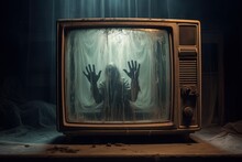 An Old Television Covered In Cobwebs, Inside The Screen Of Which An Scary Shadow Raises Its Hands. Halloween Horror Concept