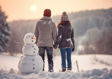 Young Couple Enjoying Sunset After Building Snowman On Cold Winter Day.Macro.AI Generative