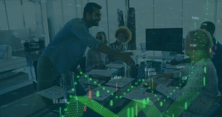 Poster - Animation of financial data processing against diverse man and woman shaking hands at office
