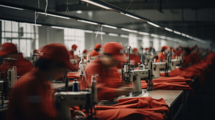 Blurred warehouse factory, illegal labour exploitation in sweatshop manufacturing concept