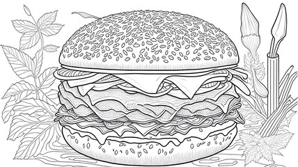 Wall Mural - Black and white illustration of hamburger. Coloring book antistress for children and adults. Illustration isolated on white background - Generative AI technology	