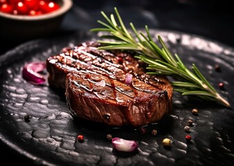 Wall Mural - Beef sirloin steak fillet on black plate with rosemary and black pepper.AI Generative