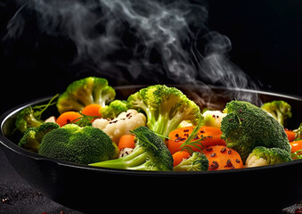 Steam cooked healthy vegetables in bowl plate in kitchen.Macro.AI Generative