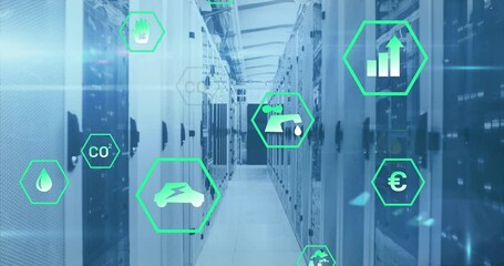 Poster - Animation of multiple digital icons, mosaic squares and light spot against computer server room