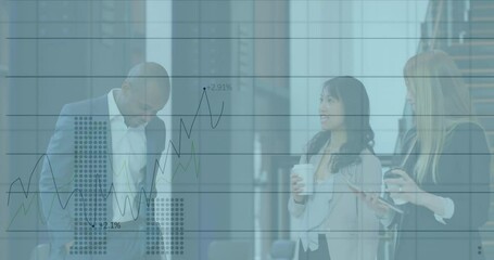 Poster - Animation of statistical data processing over diverse businesspeople discussing together at office