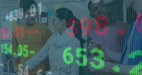 Poster - Animation of stock market data processing over diverse colleagues discussing together at office
