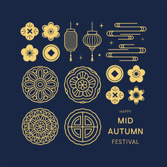 Happy Mid Autumn Festival. Banner, card design with traditional chinese patterns, mooncakes, flowers, clouds. Vector template for invitation, social media post, poster, mobile apps, web ads.