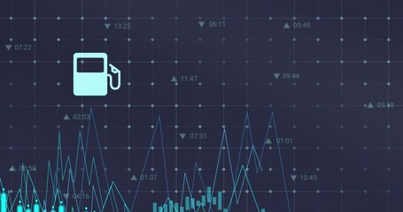 Poster - Animation of multiple digital icons and data processing over grid network against blue background