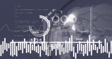 Canvas Print - Animation of statistical data processing and spinning globe against grey background