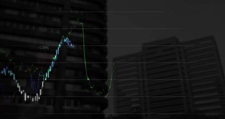 Poster - Animation of financial data processing against aerial view of tall buildings