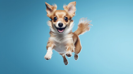 Wall Mural - Portrait of jumping happy dog. Leaping excited pose on flat blue background