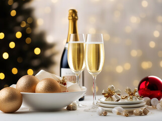 Beautiful design of a new year's table with champagne in glasses, beautiful dishes and Christmas decorations