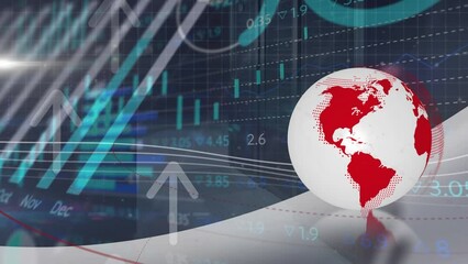 Poster - Animation of spinning globe, statistical and stock market data processing against server room