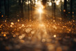 Blurred abstract photo of sunbeams among trees, golden autumn background, sunlight among trees, sunbeams in a dark forest, background of glitter golden bokeh lights, golden hour.