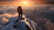 In A Serene Wilderness, A Solitary Climber Conquers A Snowy Summit, A Triumph Of Adventure And Determination, Generative Ai 