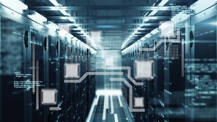 Poster - animation of data processing and mosaic squares against computer server room