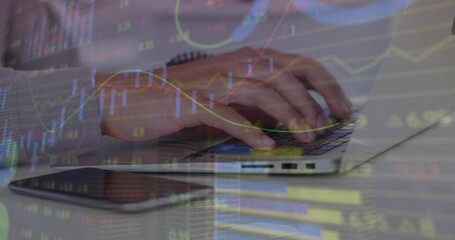 Poster - Animation of statistical data processing against mid section of a man using laptop at office