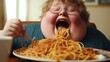 Funny looking fat boy eating spaghetti. Generative AI