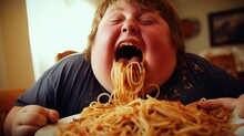 Funny Looking Fat Boy Eating Spaghetti. Generative AI