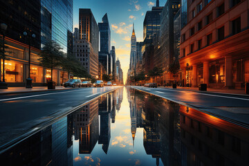 Modern skyscraper towering above the cityscape, with its sleek glass facade reflecting in a tranquil water mirror below.  Generative AI.